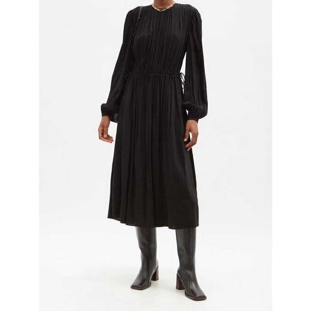 ANOTHER TOMORROW Pleated Black Drawstring Waist Jersey Midi Dress Size 40 US 4